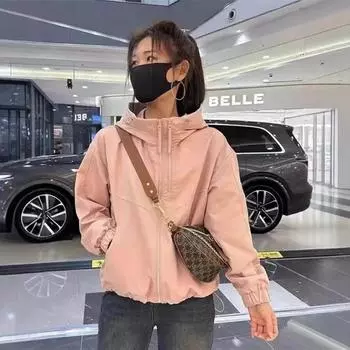 Short hooded jacket for women s spring and autumn, the new popular double zipper thickened cotton jacket is casual. M(80-110) розовый