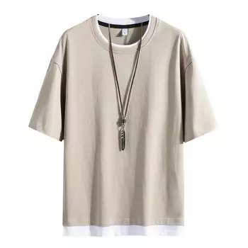 Short Layered Large Half Summer Khaki L [Hiboss] Men s T-shirt, Sleeve, Plain, Style, Size, Loose, Sleeve, Men s Clothes,