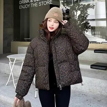 Short leopard print down cotton cotton jacket women s 2025 winter new small foreign style thickened warm padded jacket jacket M