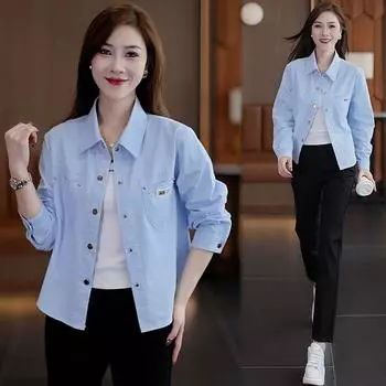 Short Shirt Coat Women 2025 Spring & Fall New Arrival Fashionable Stylish Small Casual Easiest for Match Cardigan Shirt Tops Blue [1009]] M [Suggested 40.00 kg-47.50 kg]]