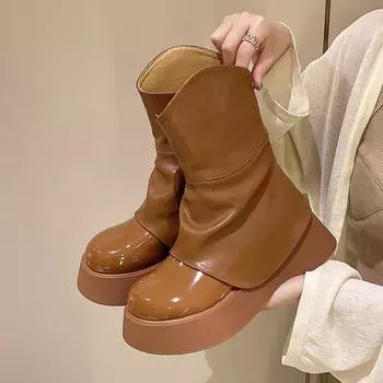 Short Shoes for Woman Waterproof Elegant with Medium Heels Brown Booties Leather Chunky Women s Ankle Boots Footwear Platform Pu 35