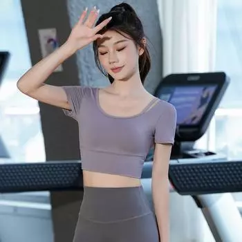 Short sleeve Beauty Back Yoga T-shirt Summer Waist Hugging Running Sports Top Women s Detachable Chest Pad Workout Clothes Breathable Gray purple S