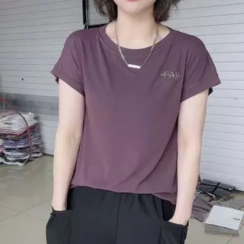 Short Sleeve New Arrival Loose Pure Color Tops round Neck T-Shirt Grape purple 2XL [110-125]]