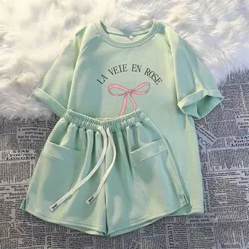 Short Sleeve Shorts Casual Two-Piece Suit Women s 2024 Summer Online Influencer Fashion Korean Style Small Sportswear Suit Loose Light green XL, recommended 65.00 kg-72.50 kg