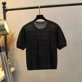 Short Sleeve Slim Looking All-Matching Sweater round Neck Ice Silk T-shirt Black(EH-8399) S