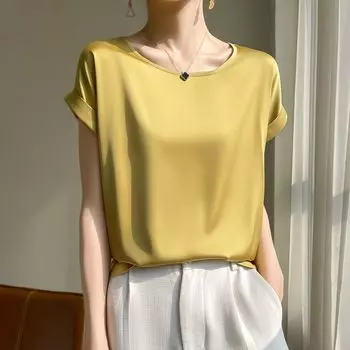 Short Sleeve Stylish Fashion Loose Chiffon Shirt Silk Goose yellow L