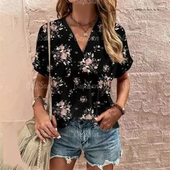 Short Sleeve V Neck Women s Fashions Loose Plus Size Clothing Crushed Flower Casual T-Shirts Streetwear Casual Woman Tops S