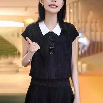 Short sleeve Women Summer 2025 New Loose Slimming Younger Lapel Color Matching T-shirt Fashion Western Style Ice Silk Top Black M