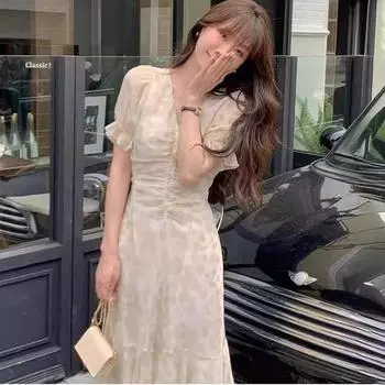 Летнее женское платье с короткими рукавами, нежная сетка, прозрачный темперамент, облегающий крой, длинная юбка-рыбий хвост с v-образным вырезом и цветочным принтом L абрикосовый