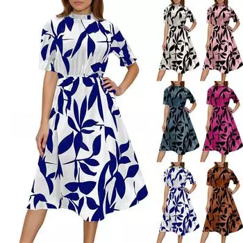 Short-sleeved Round Neck Ruffled Printed Long Skirt XXL синий