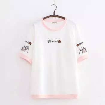 Short-Sleeved Shirt Color Matching Cotton Pullover Sweet Breathable Embroider White Powder Spelling(White) All yards
