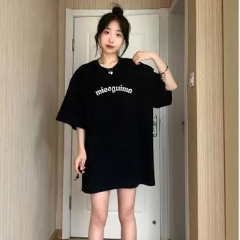 Short-sleeved T-shirt Loose Summer Dress for Women M чёрный