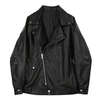 Short Spring and Autumn K-style Loose Retro Casual Leather Clothing Black M