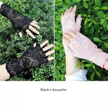 Short Sunscreen Gloves Women s Breathable Ultra-Thin Lace Half Finger Lace half finger [black + Gouache] 2 pairs