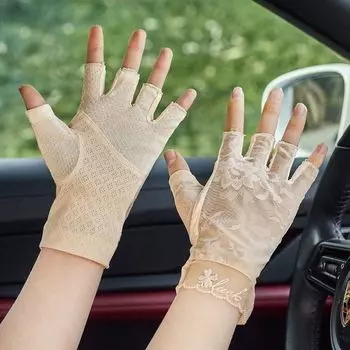Short Women s Driving Sunscreen Ultra-Thin Half-Finger and Breathable Lace 2024 New arrival half finger a beige One size