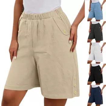Шорты-бермуды для женщин, широкие льняные шорты длиной до колена, летние повседневные длинные шорты, свободные, с высокой талией, с карманами L чёрный