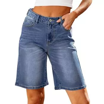 Шорты-бермуды из джинсовой ткани для женщин с высокой талией, модные эластичные джинсовые шорты длиной до колена, свободный крой, длинные шорты S синий