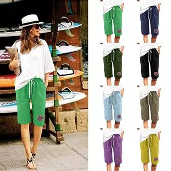 Шорты больших размеров для женщин, эластичные пышные хлопковые льняные шорты-бермуды с эластичной резинкой на талии, повседневная пляжная одежда L зелёный