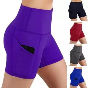 Шорты для йоги, высокая эластичность, сплошной цвет, большие размеры, облегающие карманы для фитнеса, противоударные летние спортивные шорты с высокой талией, женская одежда 3XL фиолетовый