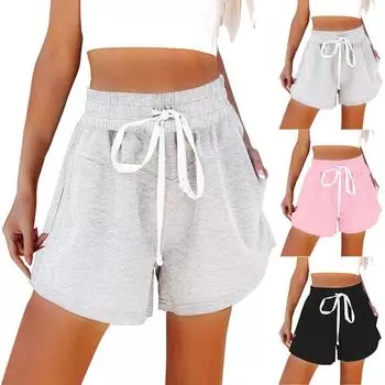 Шорты для женщин, повседневные летние удобные пляжные шорты с высокой талией и карманами M чёрный