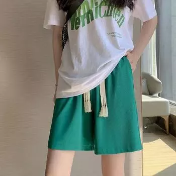 Шорты Ice Silk на завязках для женщин, летние, тонкие, новые, с высокой талией, широкие брюки А-силуэта, спортивные брюки с пятью точками S зелёный