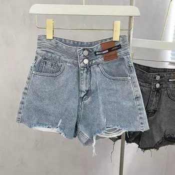 Шорты из денима с высокой талией и потертостями, женские, новый стиль, тонкие и дикие, летние, свободные, А-силуэта, шорты S синий