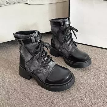 Шорты на платформе в стиле ретро с круглым носком, женские, джинсовые/кожаные, дышащие, мотоциклетные туфли, шнуровка, пряжка, молния 35