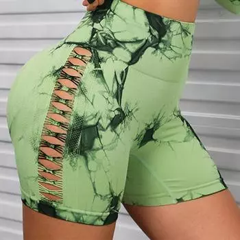 Шорты с полыми завязками, женские бесшовные колготки пуш-ап, летние велосипедные шорты для фитнеса, узкие брюки три четверти для тренировок S чёрный