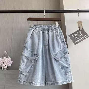Шорты женские хлопковые летние джинсовые свободные большие размеры с высокой талией широкие брюки M синий
