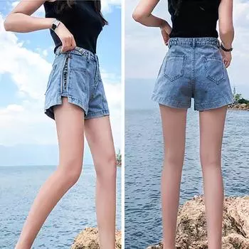 Шорты женские летние джинсовые на молнии с пуговицами с буквенным принтом уличная одежда женские универсальные повседневные шорты трапециевидной формы S небесно-голубой
