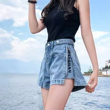 Шорты женские летние джинсовые на молнии с пуговицами с буквенным принтом уличная одежда женские универсальные повседневные шорты трапециевидной формы XXL небесно-голубой