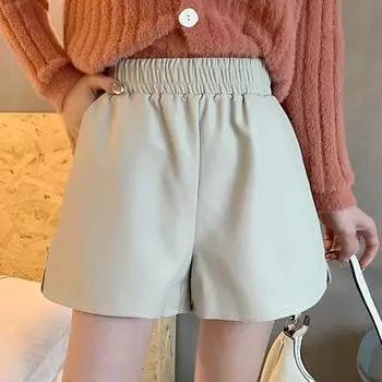 Шорты, женские свободные широкие штаны больших размеров, модные кожаные брюки с тонкой высокой талией XS чёрный