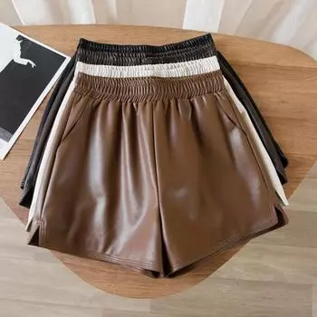 Шорты, женские тонкие широкие брюки с высокой талией, однотонные повседневные кожаные брюки S абрикосовый