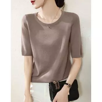 Shoulder Classy French Summer Half Sleeves Thin T-shirt Coffee camel 2XL