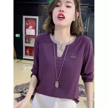 Shoulder Fall and Winter Little Swan Diamond Fashion Long Sleeve T-shirt Grape purple 4XL [135-150]]