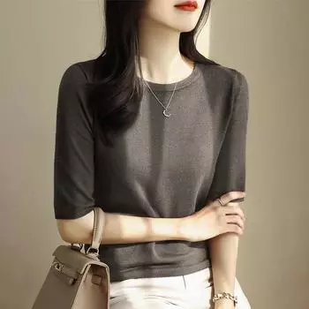 Shoulder Round Neck Half Sleeve Base Top Sweater Flower Brown 3XL