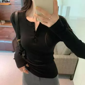 Shoulder Spring & Fall Half-Open Collar Silm Minimalist Long Sleeve Breasted Black L