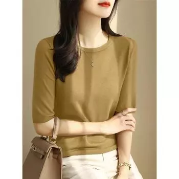 Shoulder Summer Classy Loose Half Sleeve Thin Basic Shirt Mustard yellow M