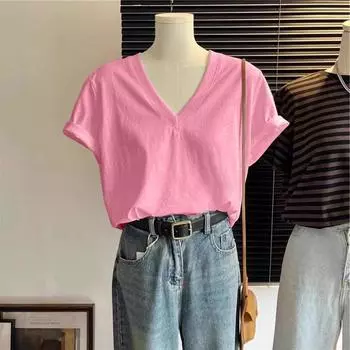 Shoulder T-Shirt Best Selling Chubby Girl Korean Style Loose V-neck Short Sleeve Pink XL