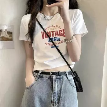 Shoulder T-Shirt Women s Short Sleeve Pure Cotton Summer Unique Bare Midriff High Waist round Neck Minimalist Hot Tops Fashion Short Fashion White short [VIN1990]] M