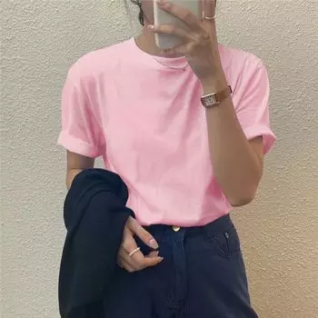 Shoulder White Loose Plus Size Slim Looking T-shirt Short Sleeve Pink S