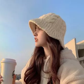 Show the face small tide retro handmade wool basin hat children autumn and winter warm versatile white knitted bucket hat One Size жёлтый