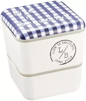 Ланч-бокс Showa Bento Box Square Nest в клетку Gingham, темно-синий, 2 яруса, нижний ярус 240 мл, верхний ярус 360 мл, компактный, для хранения, сделано в Японии, 77072 L/B тёмно-синий