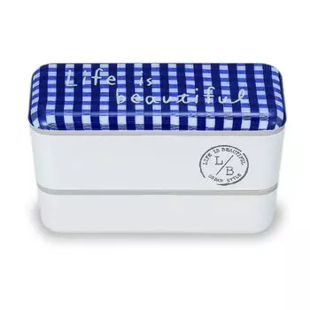 Showa Lunch Box Long Square Nest Lunch Box Gingham Check Navy 2 Tiers Lower Tier 280ml Upper Tier 450ml Compact Storage Type Made in Japan 77075 L/B
