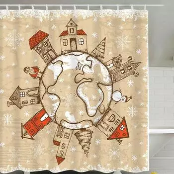 Shower Curtain Christmas With Hook Waterproof Bathroom Decoration Claus Santa City,150*180cm