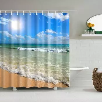 Shower Curtains Washable Beach Scene 120x180 3D Digital Landscape Printed Waterproof Bathroom Bath Curtain Polyester Fabric W90xH180