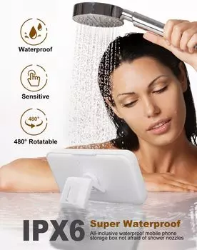 Shower Phone Holder with Speaker 480 Rotation, Wall Phone Mount for Shower Waterproof Anti Fog Shower Case for 4-7 Phones белый
