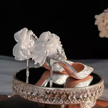 шпилька заостренный бант цветок высокие каблуки свадебные хрустальные туфли туфли подружки невесты темперамент женщины 34