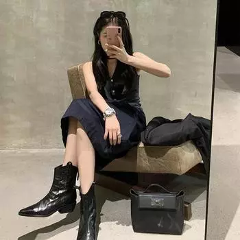 Shrinking version~ Soft leather low-heeled pointed V-mouth short boots, autumn and winter new thin retro thick-heeled wrinkled western women s boots 35 чёрный