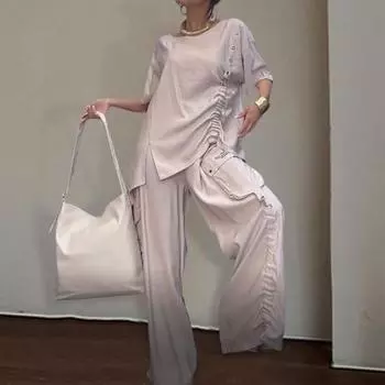 Шт./комплект осень-весна женская футболка брюки комплект короткие рукава круглый вырез плиссированный топ XL белый